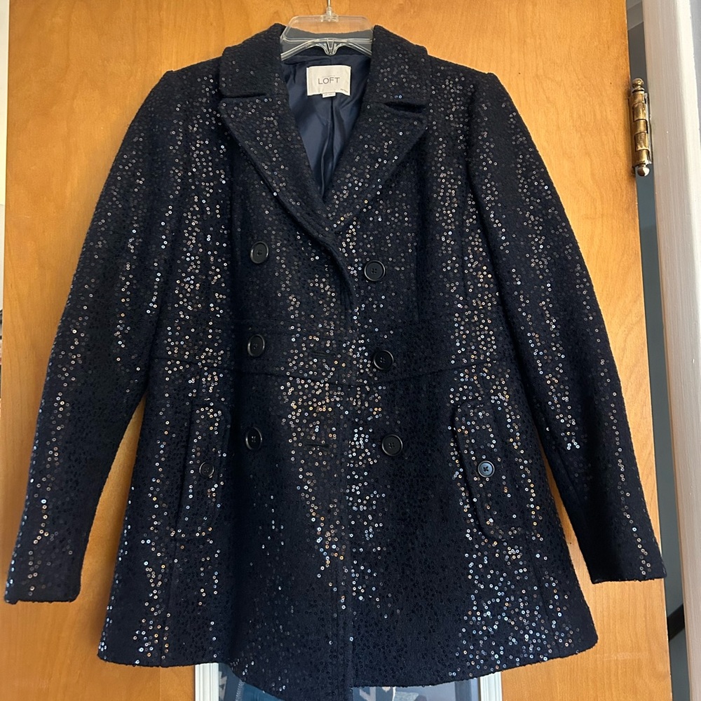 Ann Taylor Loft Navy sequin Pea Coat 2P EUC